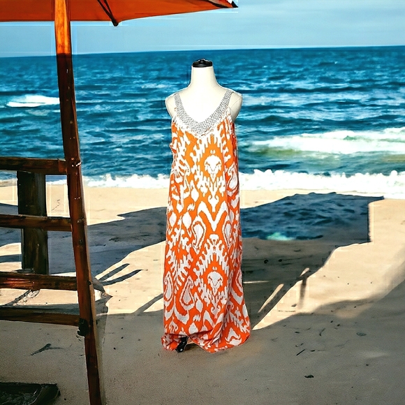 Soft Suroundings Ikat Tissue Cotton High Slit Beachy Coastal Boho Maxi Tropical - Picture 1 of 17